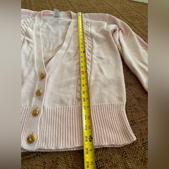 YARNWORKS Pink Knit Half Button Cotton Cardigan Sweater W/ Retro Gold Buttons L - Picture 4 of 7
